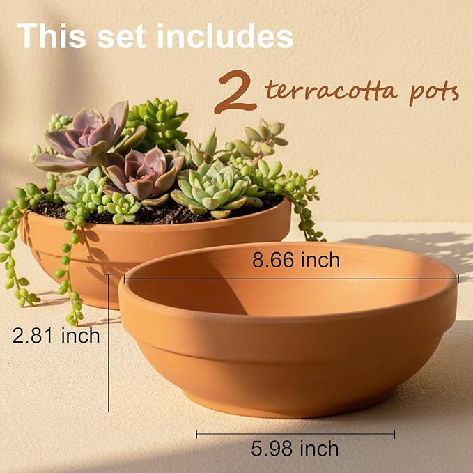 Laerjin Terra Cotta Pots for Plants with Drainage Hole, 2 Pack Large Round Clay Flower Pots, 8.66" Clay Ceramic Pottery Planter Cactus Flower Pots