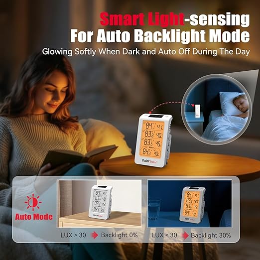 BaldrTherm Wireless Three Channel Thermometer Hygrometer, Large Display Temperature and Humidity Monitor, Smart Auto Backlight, 330ft Range and Real-Time Alerts for Indoor Outdoor, Orange
