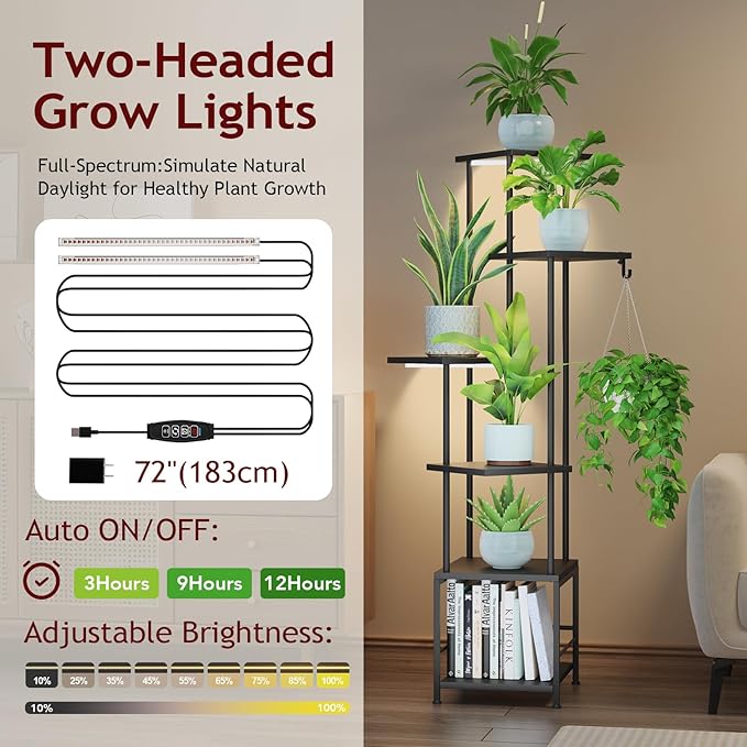 Homsorout Plant Stand Indoor with Grow Light, 6-Tiered Tall Plant Stand Indoor, Metal Plant Shelf with Hanging Basket Hook and Adjustable Light, Ideal for Living Room, Garden, Patio, Black