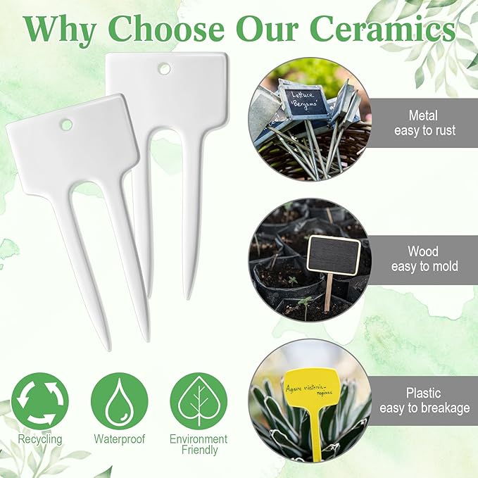 Colingmill 24 Pack Ceramic Plant Labels Garden Markers 4 Inch T-Type Plant Name Tags Herbs Succulent Name Tags for Indoor Outdoor Markers Tree Reusable Waterproof Label Stakes