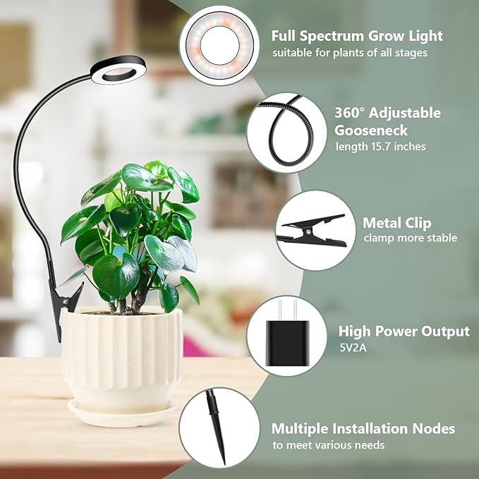 Plant Light 2 Pack, Clip on Grow Lights for Indoor Plants, LED Full Spectrum Halo Grow Lamp with, 6/12/16H Timer, 5 Dimmable, 3 Modes, 2 Installation Options Clip or Plug