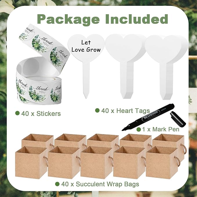 HejVulkan 40 Pack Succulent Wrap Bags Set with 2.5 inch Succulent Gift Box, Heart Plant Tags, Thank You Stickers and Mark Pen, Great Party Favor Gifts for Wedding, Baby Showers, Bridal Showers