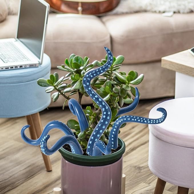 BOXOB 7pcs Octopus Tentacle Plant Stakes, Various Shapes Glow in The Dark Octopus Leg Stakes Evil Decorative Garden Stakes for Potted Plants Indoor Outdoor Decoration (Blue)
