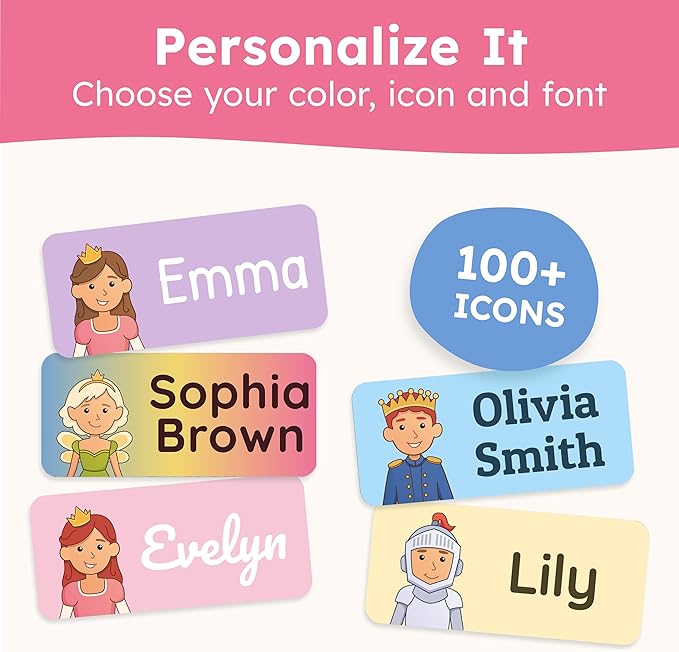 Personalized Name Labels for Kids (140 Labels) - Durable & Waterproof Custom Name Stickers for Clothing Tags, School Supplies, Camp & Daycare - Prince & Princess (1.2”x0.5”)