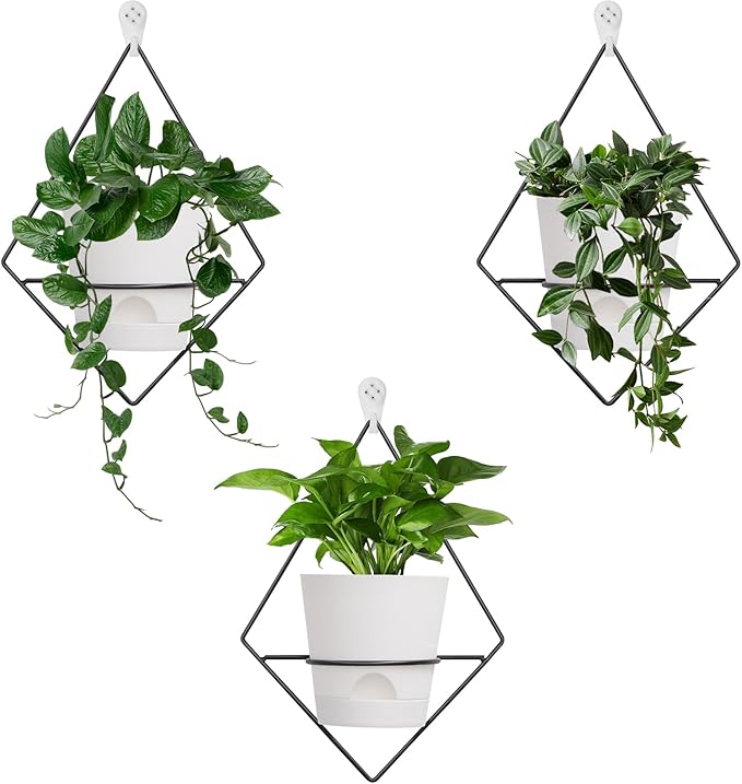 Koalaime 3 Sets Wall Planters for Indoor Plants Geometric Hanging Planters for Indoor Plants - Self-Watering Flower Pots with Black Metal Holder, Mounted Succulent Planter, 5" Black Plant Pot