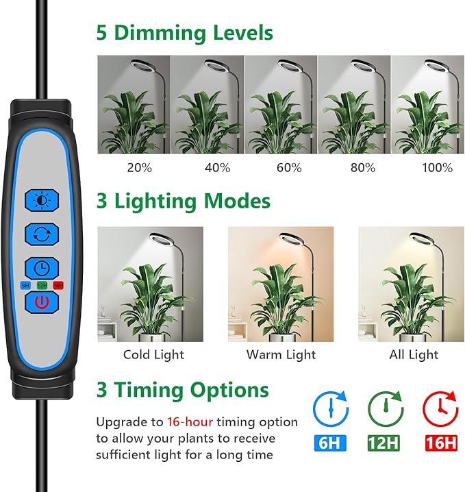 Aumtrly Grow Lights for Indoor Plants, Full Spectrum Floor Standing Plant Lights with 68" Stand for Growing Large Tall Plants, Black Halo LED Plant Grow Light with 6/12/16H Timer