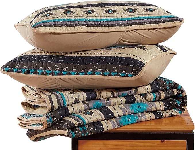 Chezmoi Collection 2-Piece Southwestern Geometric Tribal Quilt Set - Multicolor Teal Beige Black Gray Lightweight Quilted Bedspread Set, Twin (70" x 90")