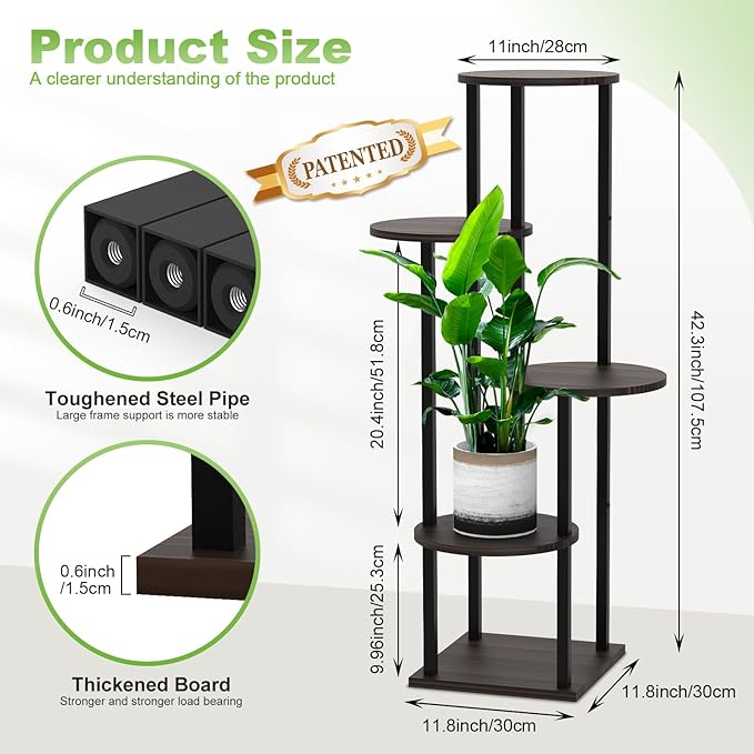 5 Tier Wood Tall Plant Stand Metal Rack Indoor, Multiple Flower Pot Holder Shelves Corner Rack, Round Planter Shelf Display Rack Storage Organizer for Patio Living Room Balcony(Black+Oak)