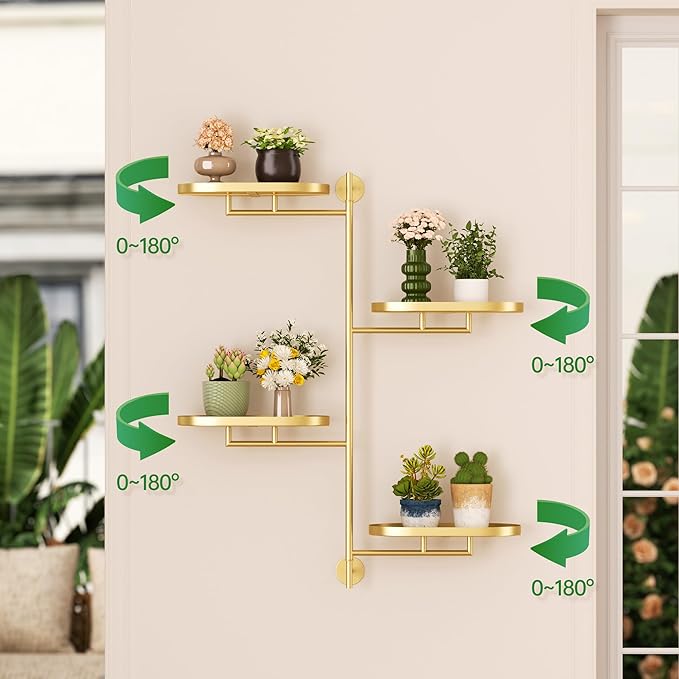 YQSLYSF Window Rotating Plant Stand Shelf Indoor Gold Metal Floating Shelves 4-Tier Wall Mount Plant hanger Holders for Wall Planter Modern Home Decor window sill gifts