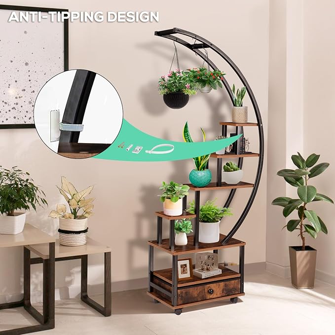 7-Tier Half Moon Indoor Plant Stand with Lockable Wheels, 71” Tall Plant Shelf with Drawer & Accessories, Plant Holder Display Rack for Multi-plants, Large Plant Rack for Patio Balcony Living Room (Half Moon)