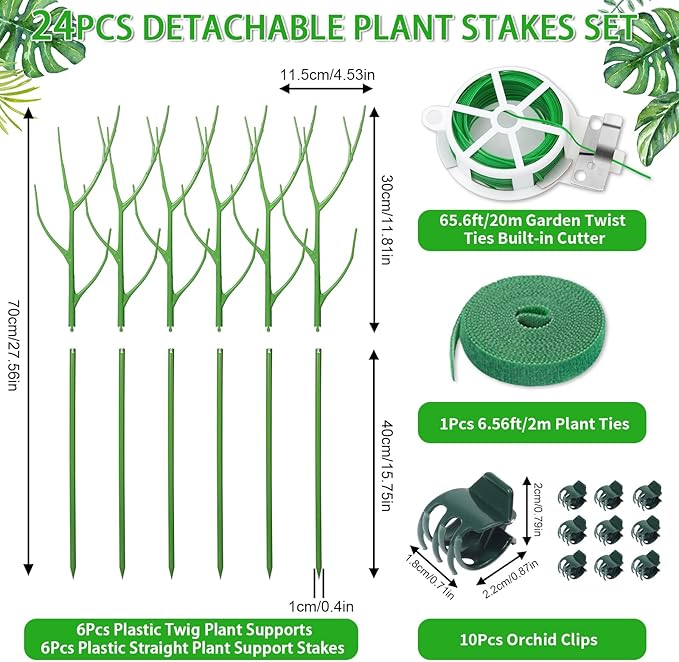 ROADPLUM 6 Pack 27.56" Detachable Twig Plant Support Stakes Set, Blends in to Plant, Branch Plant Sticks with Orchid Clips Twist Plant Ties, Twig Trellis for Indoor Outdoor Plants Potted Plants Flower