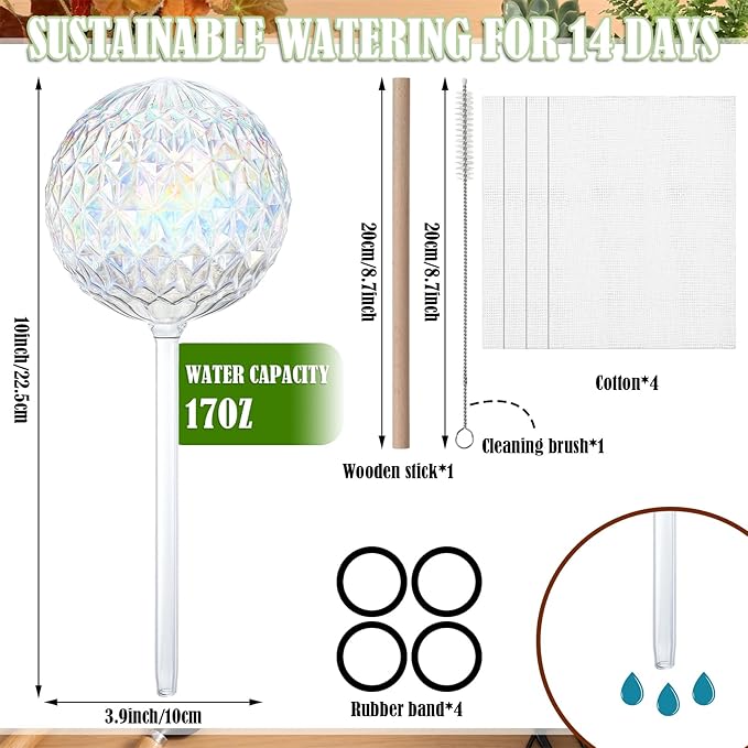 Thenshop 6 Pack 17 oz 2 Weeks Plant Watering Globes Large Self Watering Devices Iridescent Glass Bulbs with Complete Accessories Automatic Drip Irrigation for Patio Lawn Vacation Plant Slow Release
