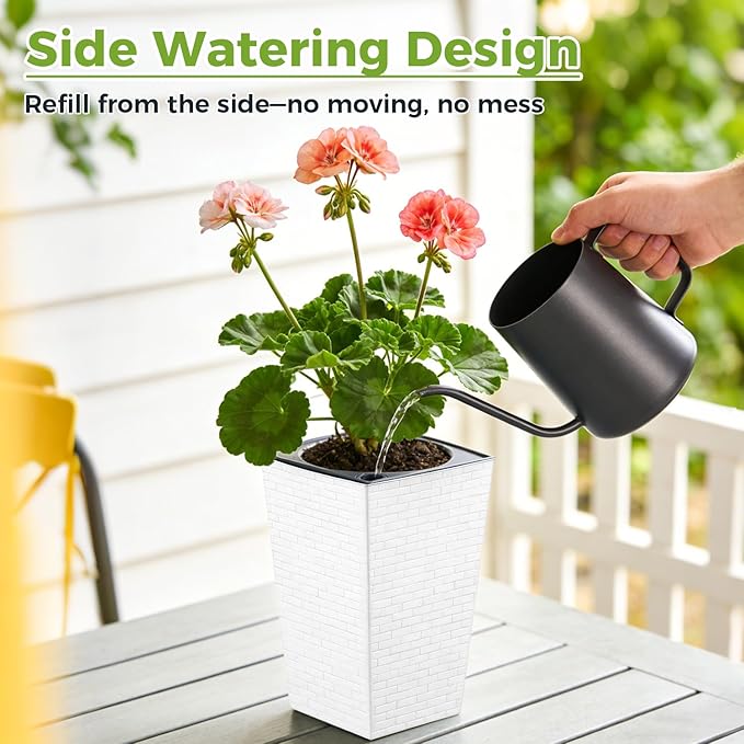Self Watering Pots for Indoor Plants, 2 Pack Flower Pots Self Watering Planter 10.7" x 6.9" Plastic Pots African Violet Wick and Grow Pots Tall Orchid pots Square Large Plant Pots, White