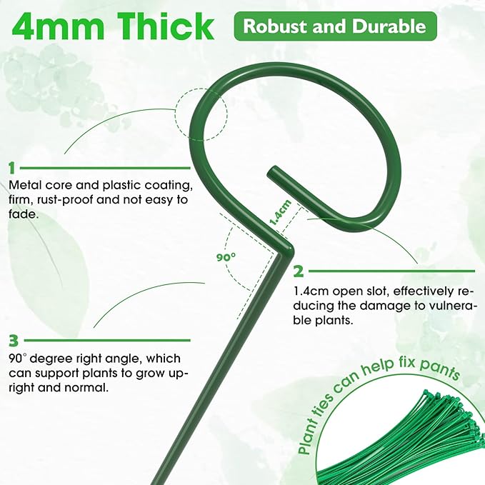 Unves 12 Pack Plant Stakes, 15.75 Inch Green Single Stem Flower Garden Plant Support with 100 Pcs Twist Ties, Plants Cage Support Rings for Amaryllis Orchid Peony Rose
