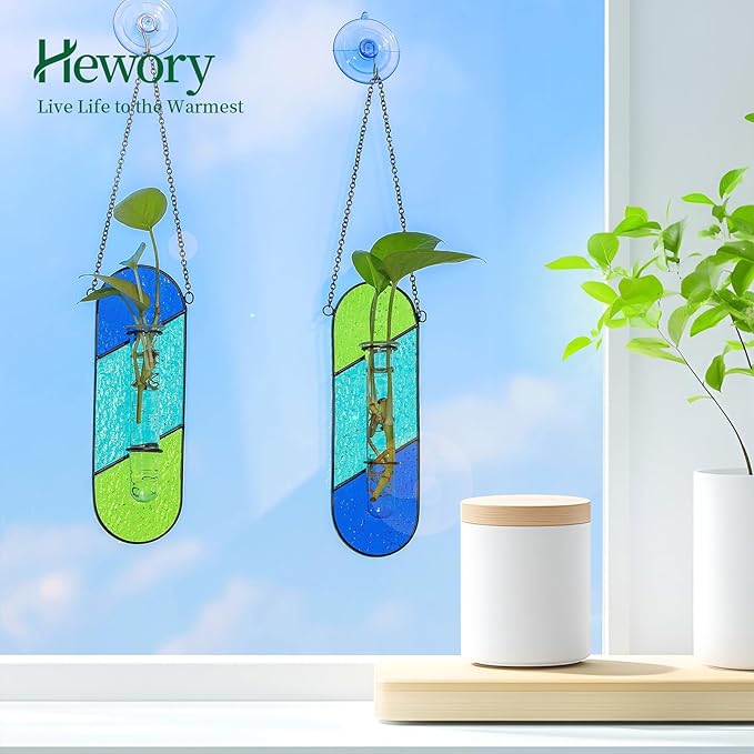 Hewory Stained Glass Plant Propagation Hanging 2 Pcs Propagation Station Planters for Window Decor - Unique Hydroponic Propagated Plant Holders for Kitchen Gifts for Mom