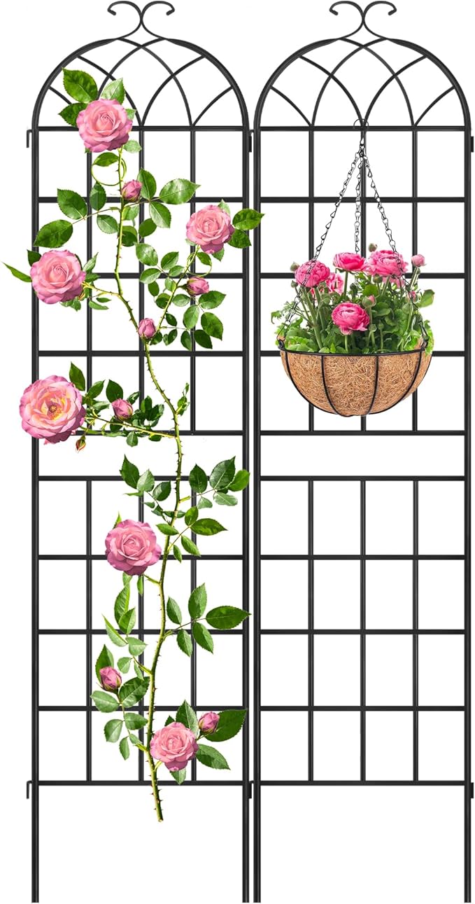 LZRS 2 Pack 83x20in Rustic Iron Arch Decoration Garden Trellis with Black Metal Coating – Perfect for Supporting Climbing Plants Outdoor, Roses, Vines, Flowers, and Vegetables.