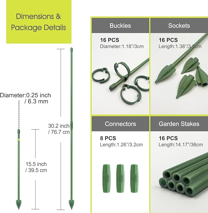 RIFNY Plant Stakes for Indoor Plants, 14 Inch Plant Support Stakes with Clips, Tall Adjustable Plant Sticks for Indoor Monstera Tomato Orchid Potted Plants Flower (16 PCS, Green)