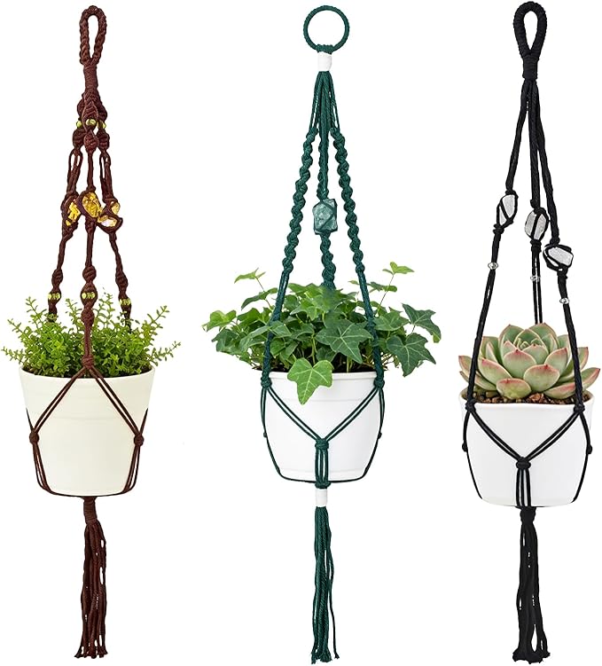 Nomylunota Macrame Plant Hanger with Boho Beads Handmade Hanging Planter Crochet Plant Holder(35.4 inches,Green & Brown & Black)