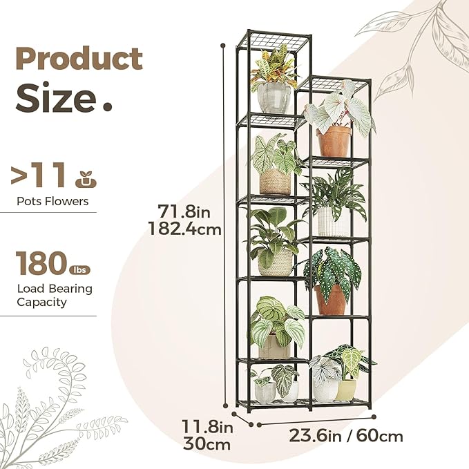 Bamworld Plant Stand Indoor Outdoor 11 Tier Tall Large Metal Plant Shelf Multi Tier Flower Stands Garden Shelves Wooden Plant Display Holder Rack for Living Room Corner Black