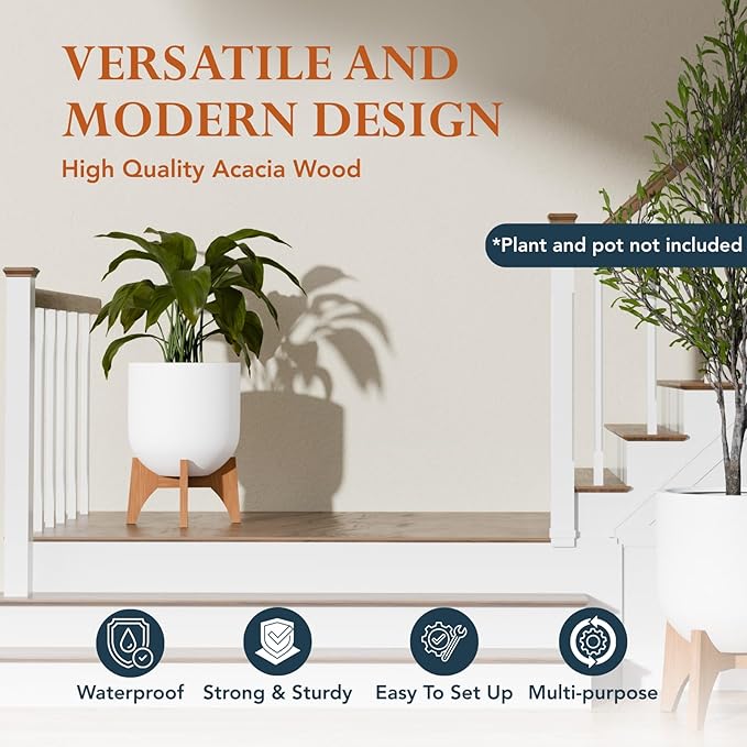 KUTE NEST Acacia Wood Plant Stand – Elegant Match for Corso/Arco Planter, Small Indoor Solid Wood Plant Holder with Golden Teak Finish for Modern Home Decor (Golden Teak, Low - Small)