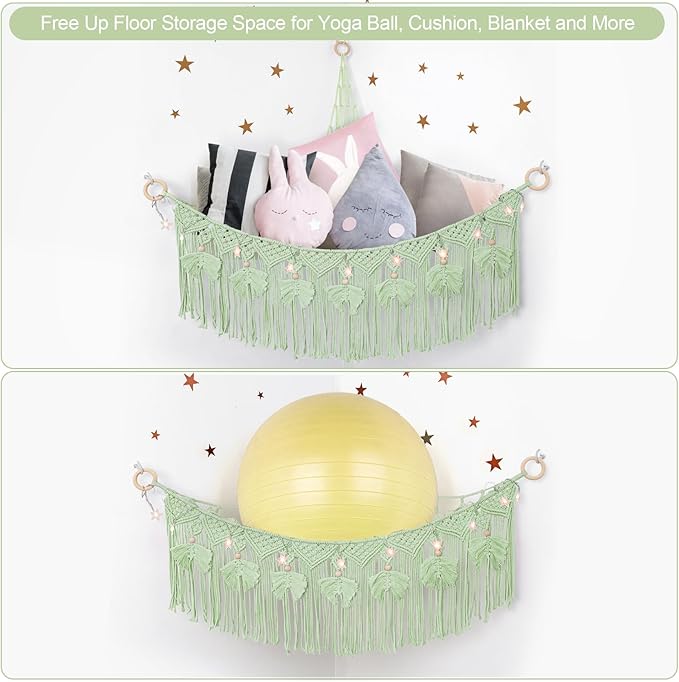 ANROYE Macrame Stuffed Animal Storage with Star Light, Bear Green Hammock for Girls Room Decor, Corner Hanging Mesh Organizer Idea for Nursery, Plushies Toy Wall Hanging Display Holder Kid Boy Gift