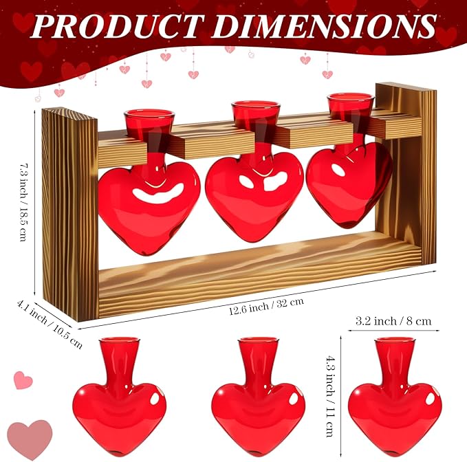 Remerry Red Heart Plant Terrarium with Wooden Stand 3 Heart Glass Vases Planter, Tabletop Propagation Hydroponics Station, Mother's Day Plant Lovers Gift