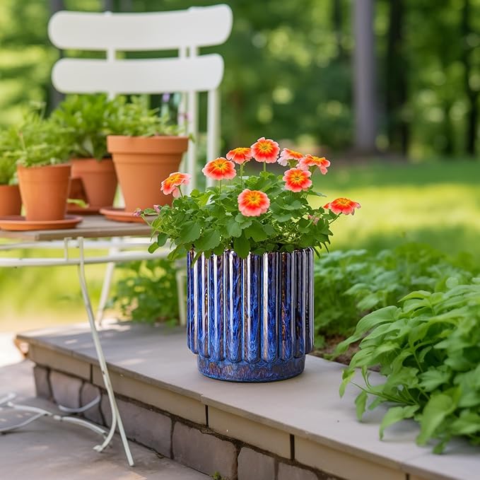 Ceramicfor Ceramic Planter - 9.6 Inch Ceramic Plant Pots Indoor Outdoor, Round Flower Pots with Drainage Hole, Large Fluted Modern Planter, Room Home Bedroom Decor, Plant Lover Gifts, Blue