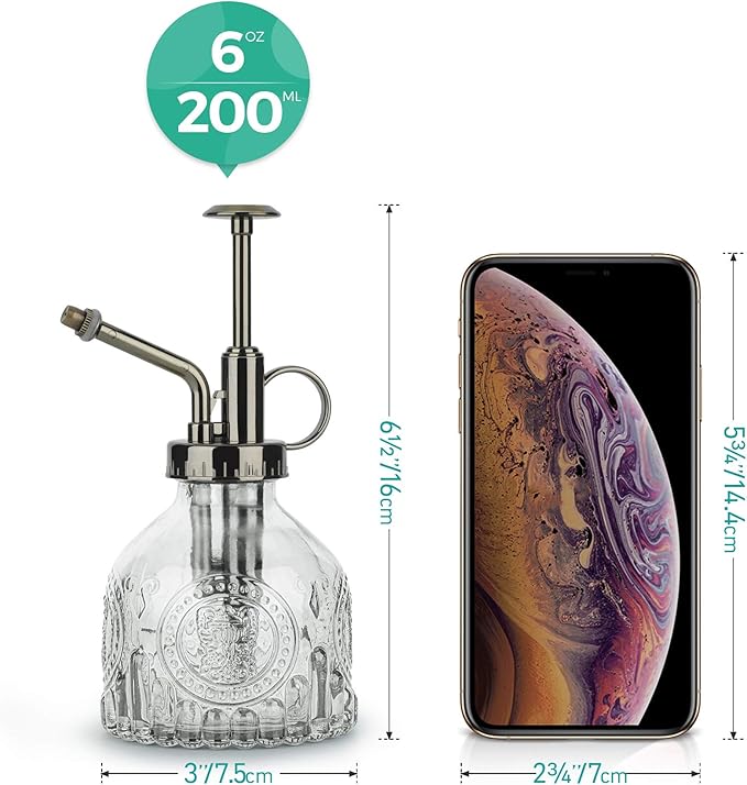 T4U Glass Plant Mister 200ML, Vintage Spray Bottle with Top Pump Fine Mist Garden Flower Sprayer Small Decorative Spritzer Watering Can Gift for Indoor Outdoor Succulent House Plant (Clear)