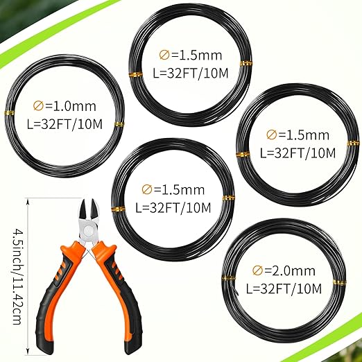 Mudder 5 Roll Aluminum Bonsai Training Wire Tree 160 Feet Total with Bonsai Wire Cutter Anodized Training for Holding Branches Small Trunks(1/1.5/2.0mm,Black)