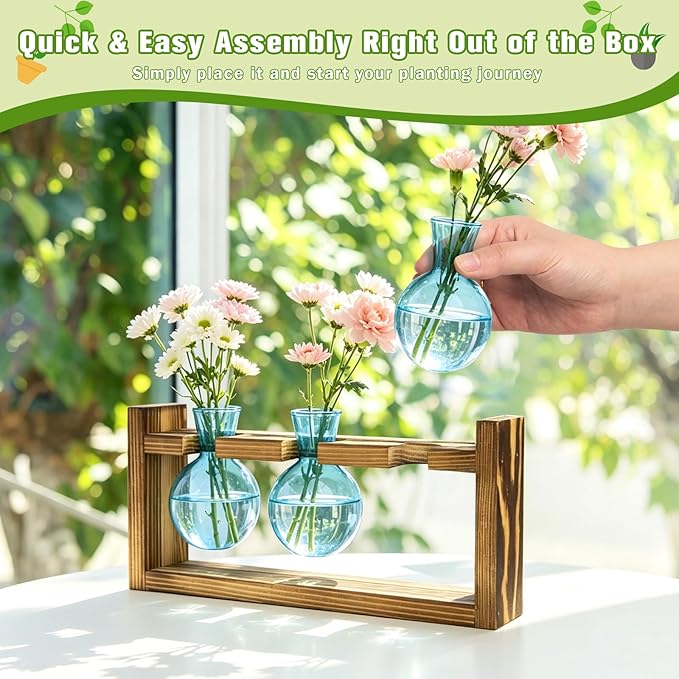 XXXFLOWER Propagation Station with Wooden Stand, 3 Bulb Glass Vase Plant Terrarium for Hydroponics Home Office Indoor Decor,Plant Gift for Mom Women Wife Friend Plant Lovers (Blue)