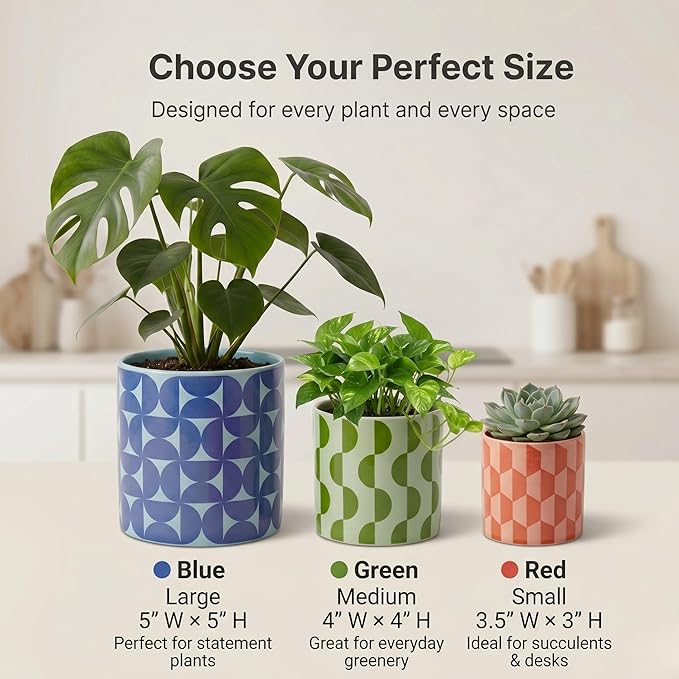 Original Earthlings Ceramic Plant Pots for Indoor Plants, Set of 3 Geometric Planters with Drainage Hole & Saucer, Colorful Decorative Flower Pots for Succulents, Home Decor, Modern Boho Style