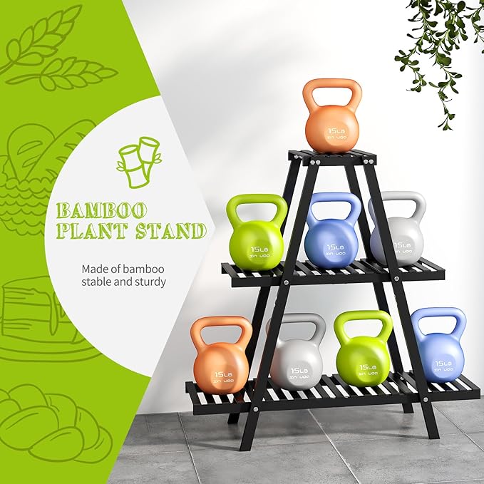 BMOSU Plant Stand Bamboo for Indoor Outdoor Tiered Plant Shelf 8 Potted Flower Holder Ladder Rack Garden Balcony Living Room Patio(3 Tier Black)