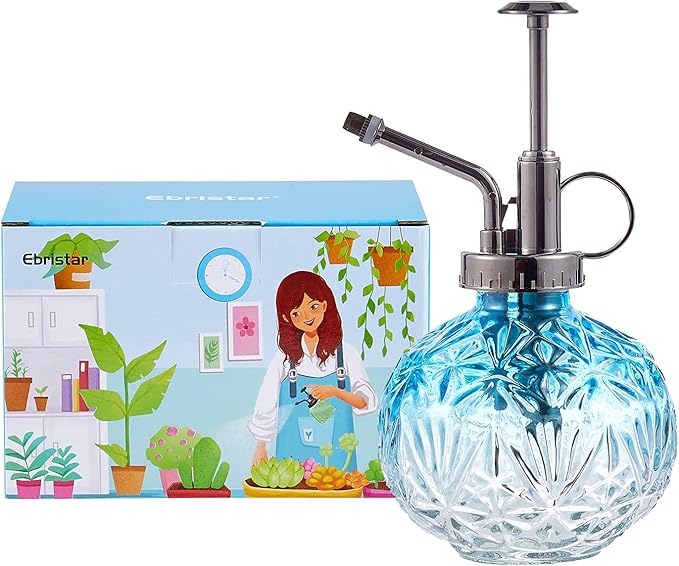 Glass Plant Mister Water Spray Bottle, Succulent Watering Bottle with Plastic Top Pump, Vintage Style Plant Sprayer, Small Watering Can for Indoor Outdoor House Plants - Blue