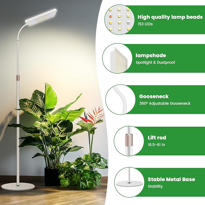 Wiaxulay Grow Lights for Indoor Plants, 153 LED Full Spectrum Plant Grow Light Floor Standing, Height Adjustable 24-68 in,4/8/12/16H Timer,3 Lighting Modes,5 Brightness for Growing Large Tall Plants