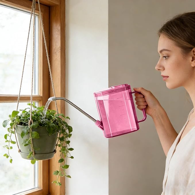 Ergonomic Handle Water Can, 1L Long Spout Watering Can for Indoor, Small Garden Watering Pot with Removable Sprinkler Head for Succulents, Herbs, Flowers, Balcony, Easy to Use (Pink)