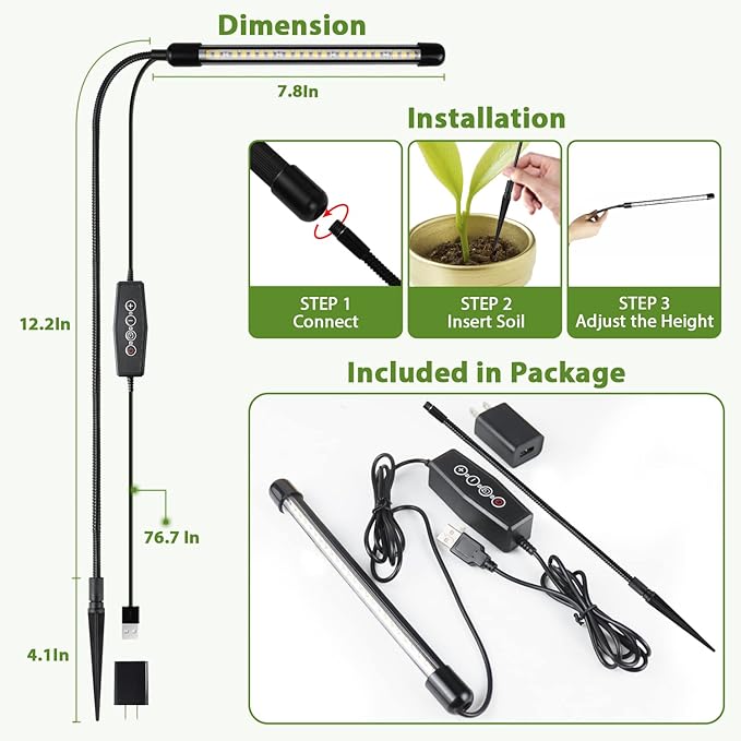 Grow Light for Indoor Plants Growing, 6000K Full Spectrum Gooseneck Plant Lamp for Seedings Succulents Small Plants, Auto On/Off Timing & 5 Dimming, 4 Pack