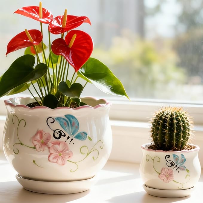 Vintage Flower Pots for Indoor Plant, Round Ceramic Plant Pots with Drainage Holes and Saucers, 6.7/5.2/3.9 Inches Retro Flower Planters Set of 3 (Vintage Butterfly)
