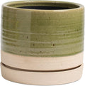 HERDUK 8 Inch Pots for Plants, Ceramic Planter Pot with Drainage Hole & Saucer, Indoor/Outdoor Cylinder Round Planter Pot, Green & Beige