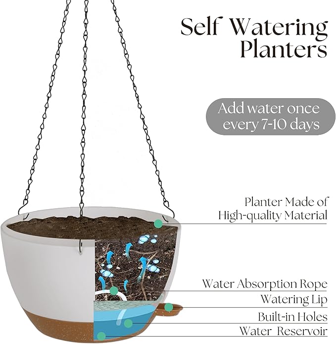 TYMENSH Hanging Plant Pots 12 inch Set of 2, Self Watering Hanging Planters with Drainage Holes, Indoor Outdoor Plastic Flower Pots with Hanging Chains for Balcony, Porch, Garden, Home Décor, White