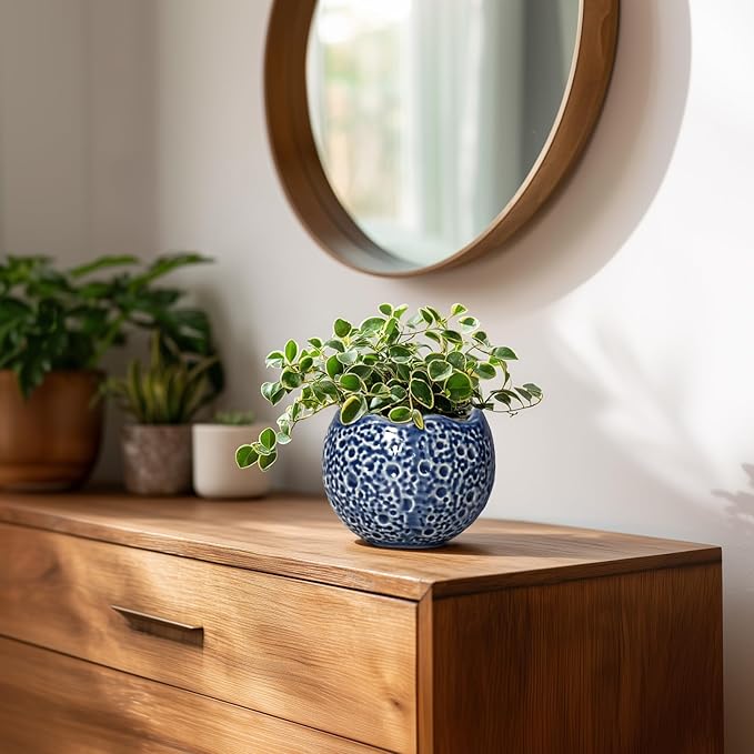 4 Inch Plant Pots - Small Ceramic Planter with Drainage Hole, Succulent Pots for Indoor Outdoor, Unique Round Planter, Modern Decorative Flower Pot, Desk Decor, Plant Lovers Gifts, Blue