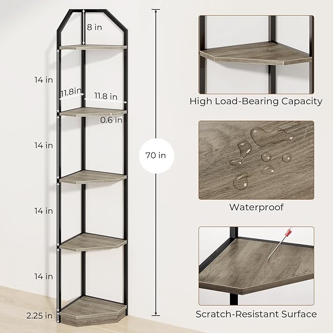 5 Tier Corner Wall Shelf Stand, 70" Metal Corner Shelves Bookshelf Display Shelf for Living Room Decor, Tall Plant Stand Multi Unit Organizer, Standing Shelf for Bedroom,Bathroom,Small Space (Grey)