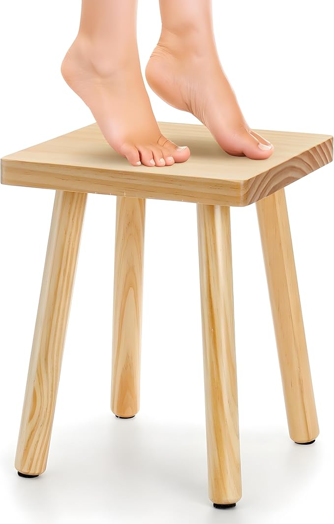 Goaste 9.5 Inch Wooden Step Stool, Solid Square Sitting Stools for Adults Kids, Multi-Purpose Short Chair Perfect Matched Sensory Table, 4-Legged Small Foot Rest Stool for Playroom, Kitchen, Bedroom