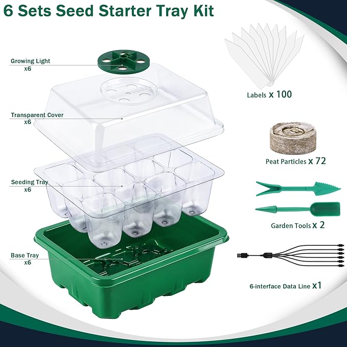 Hahood 6 Pack Seed Starter Tray Kit with Grow Light and Humidity Dome Germination Trays, 72 Peat Pellets, Plant Labels, Gardening Tools, Green, Modern Style, 7.3 x 5.7 x 4.5 inches