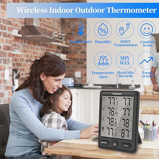 Geevon Indoor Outdoor Thermometer Wireless with 3 Remote Sensors, Digital Hygrometer Thermometer, Wireless Temperature Humidity Monitor Gauge with 200FT/60M Range