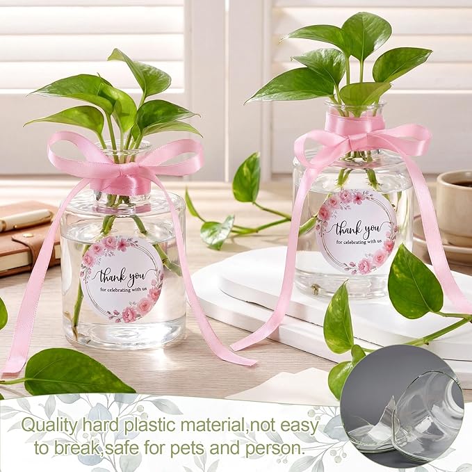 30 Set 4.33'' Plastic Plant Propagation Stations Gifts Bulk 4oz Plant Propagation Jars Planter Vase with Thank You Tags and Ribbons for Guests Wedding Bridal Shower(Pink Flowers)