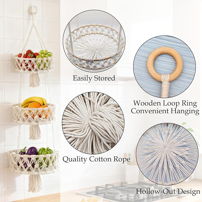 3 Tier Hanging Fruit Basket, Macrame Hanging Basket for Fruit and Vegetable Storage, Cotton Rope Woven Baskets, Boho Wall Baskets Organizing Hanging Plant Holder for Indoor Kitchen Decor