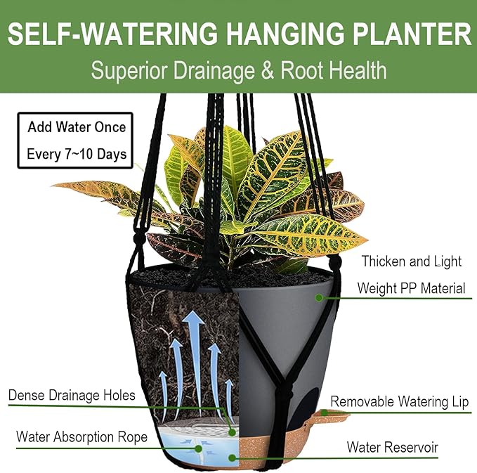Bouqlife 3 Pack Self Watering Hanging Planters Macrame Plant Hangers with Indoor Flower Pots 10" / 8" / 7", 3 Different Size Hanging Basket, Plant Hanger with Hooks for Garden Home Decor Black Large
