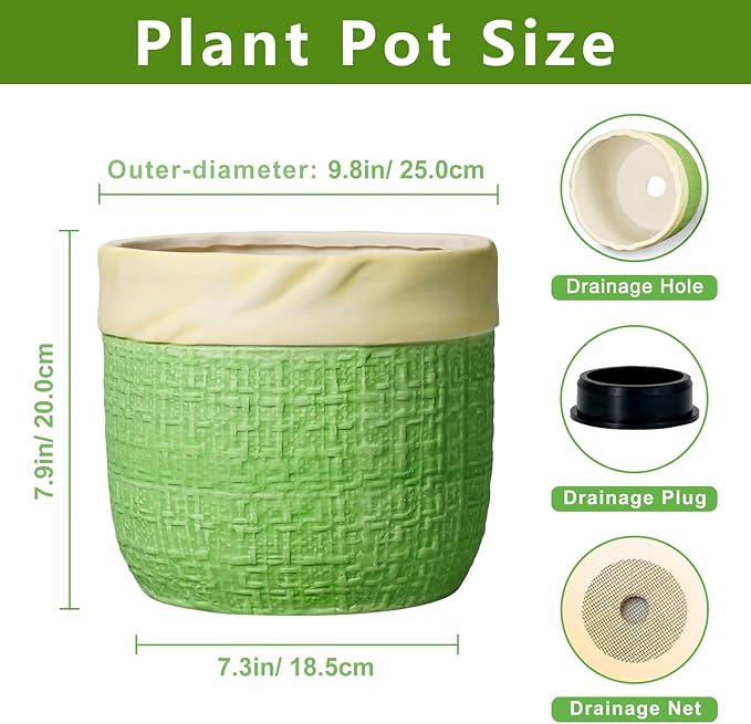 Ceramic Pots for Plants - 9.8 Inch Planter for Indoor Outdoor Plants, Ceramic Planter with Drainage Hole and Plug, Boho Decorative Flower Pot, Home Patio Decor, Plant Lover Gifts, Green