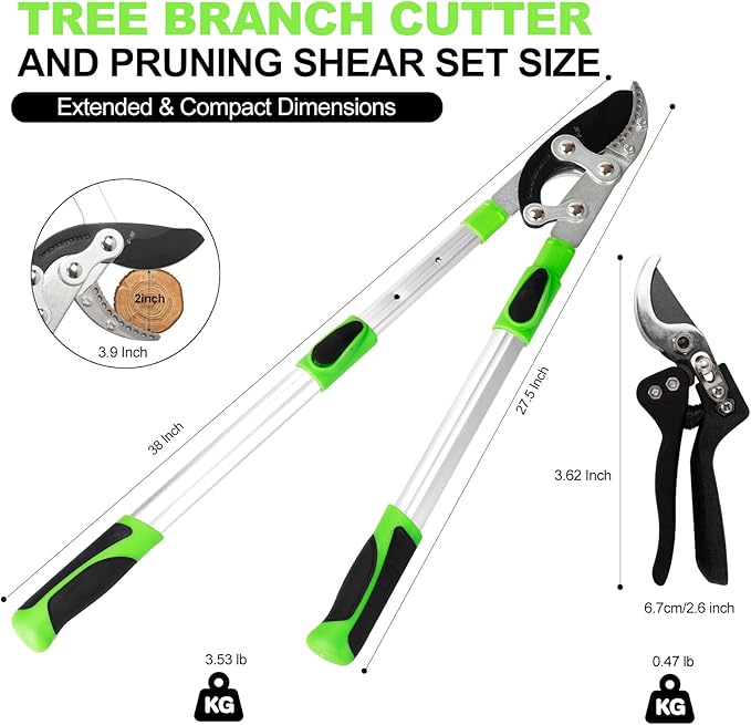 Loppers for Tree Trimming Heavy Duty Extendable Handle,28–38'' Adjustable Tree Branch Cutter & Pruning Shears Set, Garden Tree Trimmer with Compound Action 1.5–2"Cutting Capacity for Plants & Yard