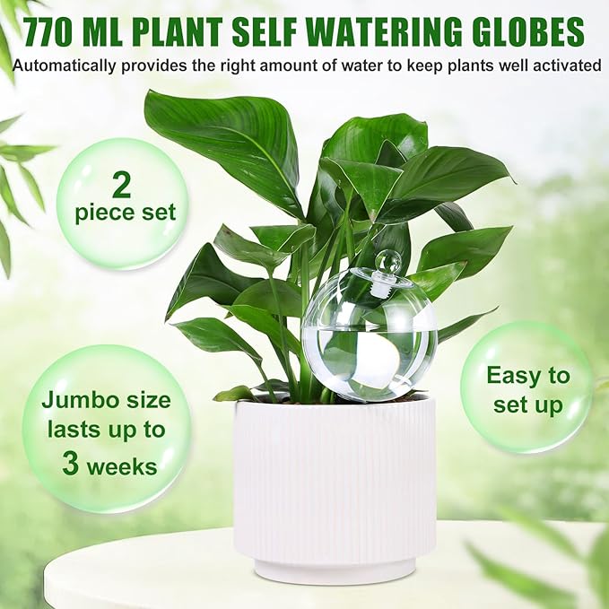 26 oz Extra Large Plant Self Watering Globes Top Fill - Upgraded Plastic Water Bulbs, Slow Release Terracotta Self Watering Planter Insert, Plant Watering Devices System, Water Spikes Stakes, 2 Pack
